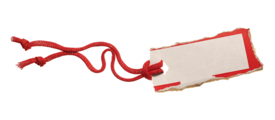 Blank cardboard tag with red string flying, isolated on white background, clipping path	