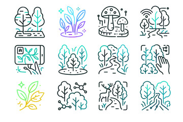 Fototapeta premium Path holographic vector mushrooms shrubs wildlife icons interactive pathway immersive forest icon