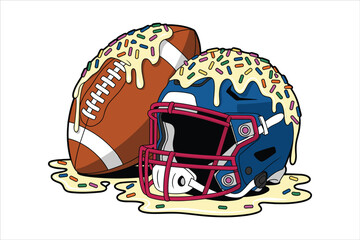 Funny Sports Concept Football and Helmet Covered in Sweet Dessert Glaze