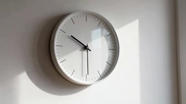 Minimalist White Wall Clock Casting Shadow on a Textured Wall Illuminated by Natural Sunlight