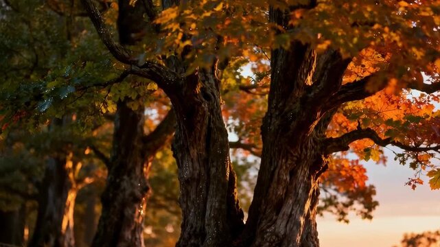 Majestic Ancient Oak Trees With Fiery Orange Autumn Foliage Illuminated By Golden Hour Sunset Light In A Picturesque Rural Landscape