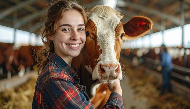 Happy young woman farm worker smiling and hugging a cow, symbolizing care, compassion, and animal health in modern livestock farming