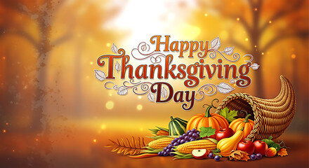 Happy Thanksgiving Day cornucopia overflowing with autumn harvest fruits and vegetables horn of plenty