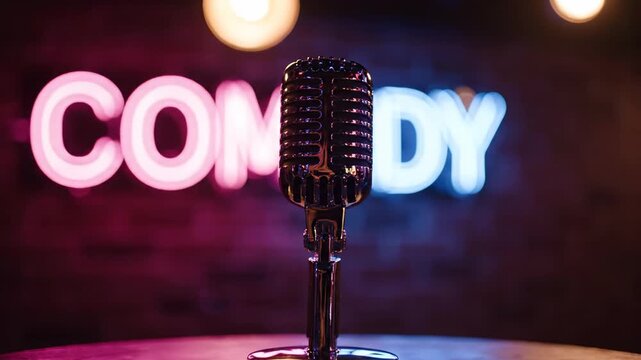 Professional retro microphone standing on a small table against a brick wall with a glowing neon comedy sign, representing the ambiance of a stand up comedy club or a live performance show