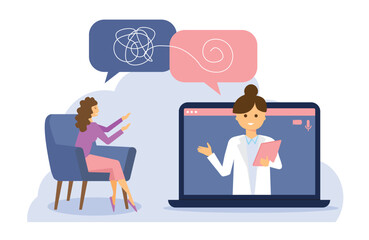 female patient seeking help from psychiatrist for psycho therapy via laptop using internet online technology. Healthcare and medicine concept vector illustration