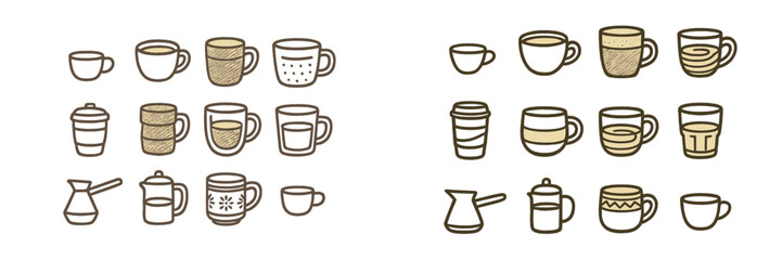 Collection of various coffee mugs and cups in different styles and shapes for beverage enjoyment