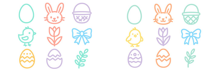 Colorful spring-themed illustrations of Easter symbols with bunnies, eggs, and flowers in pastel shades