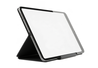 A modern tablet with a blank white screen isolated on transparent background, perfect for showcasing apps, designs, or digital content