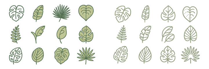 Collection of green leaves in various shapes and patterns on a white background composed of simple line art
