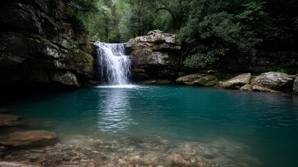 Naklejka premium A serene waterfall cascades into a crystal clear turquoise pool surrounded by lush green forest and mossy rocks
