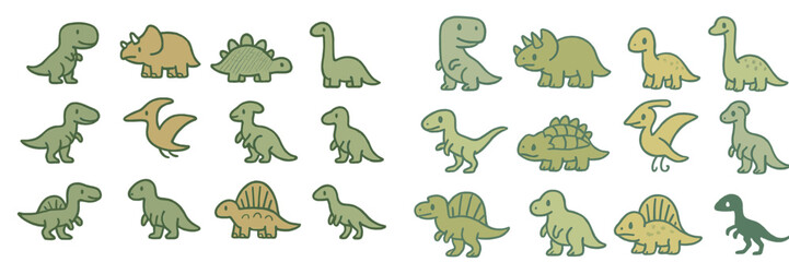 Cute dinosaur illustrations featuring various species in playful poses on a light background