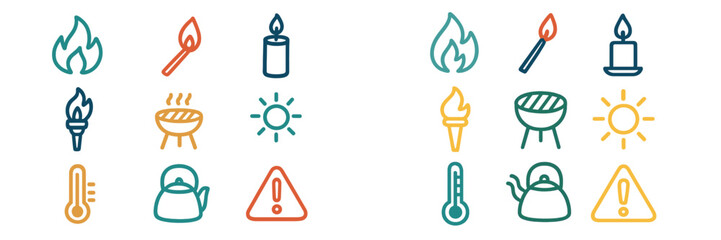 Collection of fire-related icons for safety and awareness in various activities