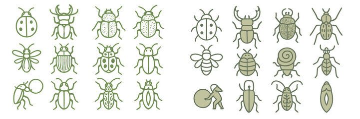 Collection of hand-drawn insects and bugs in simple green outlines showing various types and forms of them © PAPA STOCK