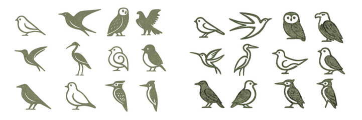 Collection of simple bird illustrations in various styles on a light background