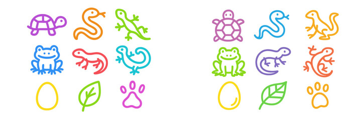 Colorful illustrations of reptiles, amphibians, and animal tracks on a playful background for fun learning activities