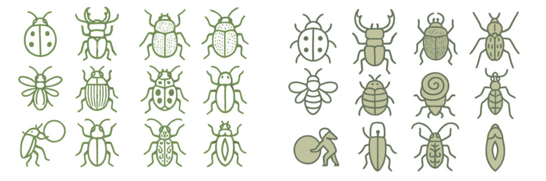 Collection of hand-drawn insects and bugs in simple green outlines showing various types and forms of them