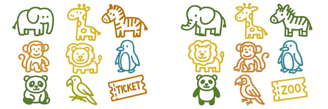 Fun and colorful animal drawings featuring popular zoo animals and ticket designs for children's activities