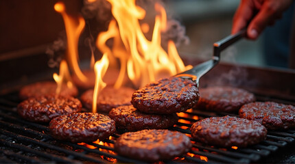 Flaming Barbecue Grill with Juicy Burger Patties