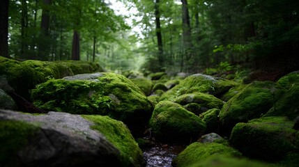 Fototapeta premium A lush forest path winds through moss covered rocks with a gentle stream flowing