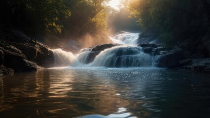 Serene waterfall in a lush forest