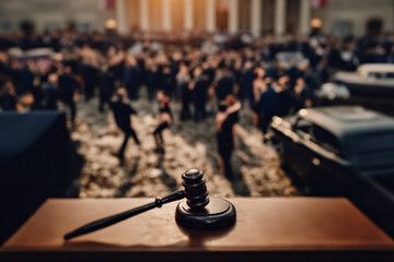 Judicial power symbolized by gavel confronting mass protest against controversial ruling.