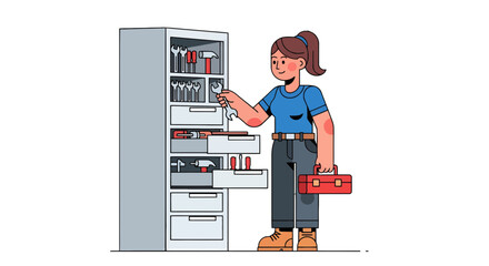 A Mechanic Woman Choosing A Wrench From The Toolbox With A Red Case For Repair Project