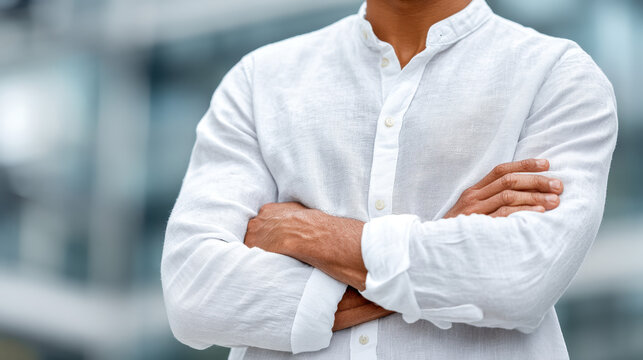 Confident Businessman in a White Shirt with Arms Crossed Outdoors