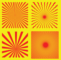 The vibrant yellow and Red abstract background vector illustration features a summer sunburst pattern design with hot rays and a decorative star at its center