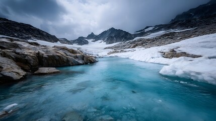 Obraz premium Dramatic glacial landscape featuring a vibrant turquoise meltwater pool surrounded by rugged mountains and snow under a moody sky
