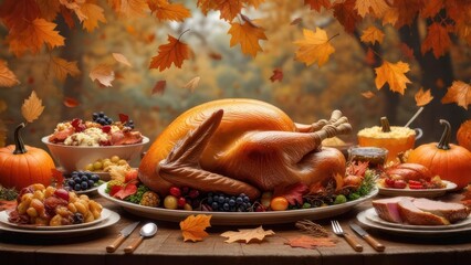 Thanksgiving feast displayed on a table, with cooked turkey, sides, pumpkins, and falling leaves