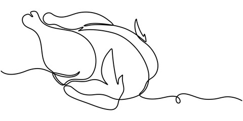 Continuous one line drawing of roasted chicken. One line drawing illustration of whole chicken roasted, Editable outline. 