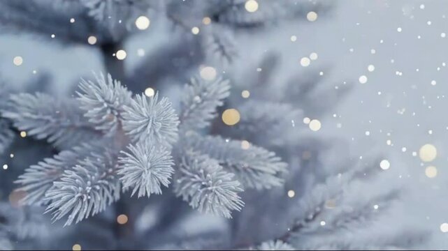 Frosted Pines and Golden Glow. A close-up of snow-covered pine branches captures the serene beauty of winter. The needles are delicately frosted, creating a soft, white texture that contrasts 