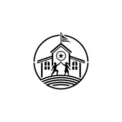 Classic School Building with Flag and Birds