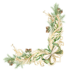 watercolor winter frame, png corner, swirl ornament, fir branches, bow