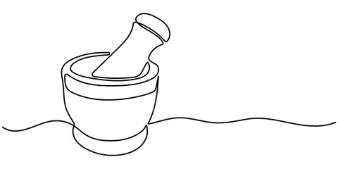 Mortar and Pestle continuous one line drawing minimalism design, Simple illustration of traditional mortar outline art vector illustration. 