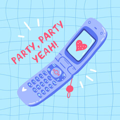Colorful sticker of old mobile phone in girly kawaii Y2k style.
Korean pop culture illustration. Lettering slogan of party. Hand drawn print for planner, scrapbooking, social media, merch design.