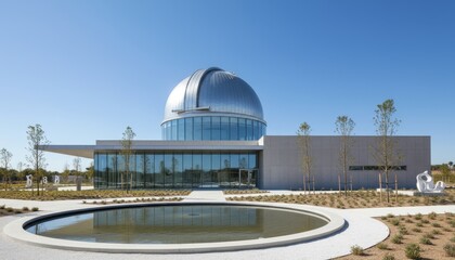 Obraz premium Modern architectural observatory building with a large dome, surrounded by landscaped gardens and a reflective pond, showcasing innovative design and natural integration