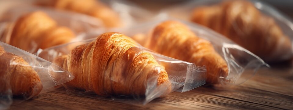 Packed Croissants in Vacuum Sealed Bags for Crispness and Preservation on Wooden Surface