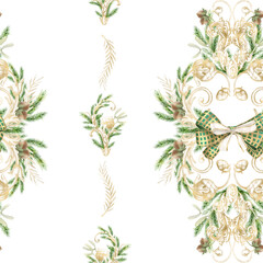 Seamless Watercolor Christmas PNG Pattern with Gold Ornaments and Pine Branches