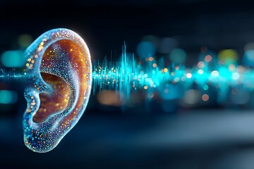 Stylized digital ear with vibrant sound waves, symbolizing hearing loss, audio technology, improved auditory health, and the science of perception.