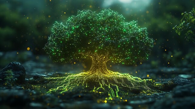 Glowing tree with roots and branches in a mystical forest environment - Powered by Adobe