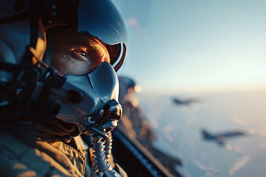 Focused fighter pilot in a cockpit at high altitude, gazing at the horizon with determination, symbolizing military power, national defense, and aerial warfare.