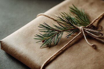 Eco-friendly Christmas gift wrapped in brown paper, tied with twine and a natural pine sprig, symbolizing sustainable holiday practices and mindful gifting.