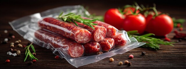 Premium Vacuum Packaging of Sausages with Fresh Herbs and Cherry Tomatoes on Wooden Table