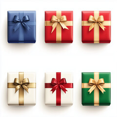 Collection of colorful gift boxes with golden and red ribbons &mdash; top view