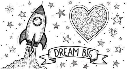 Black and white drawing of a rocket ship, heart, stars, and a dream big banner design