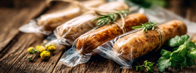 Vacuum-Sealed Sausages Preserving Flavor and Aroma on Wooden Surface with Fresh Herbs