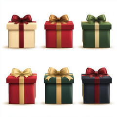 Collection of colorful gift boxes with golden and red ribbons &mdash; top view
