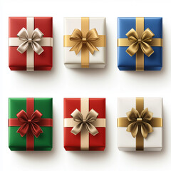 Collection of colorful gift boxes with golden and red ribbons &mdash; top view