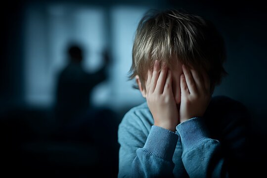 A frightened child covers their face in the dark, with a blurred silhouette of an aggressive adult, symbolizing domestic violence and childhood trauma.